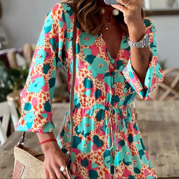 Multicolor Bohemian Print V Neck Ruffle Long Sleeve Maxi Dress - Picture 3 of 5